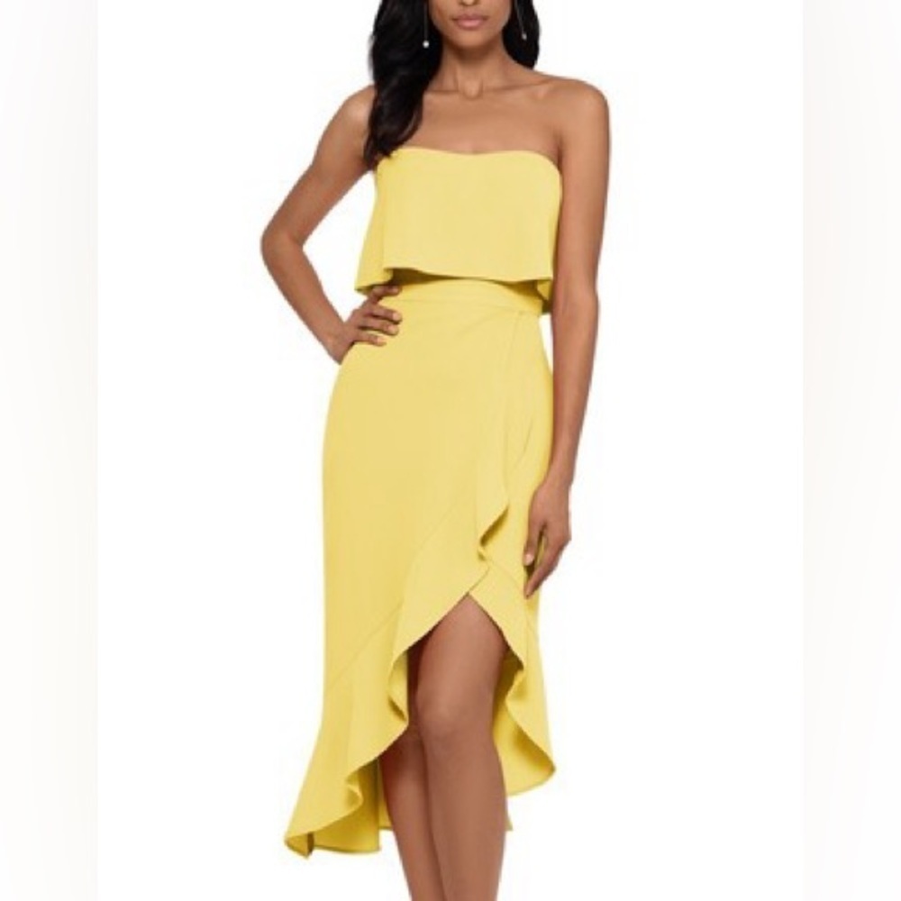 NWT XSCAPE Women's Ruffled High Low Dress Yellow Size 8